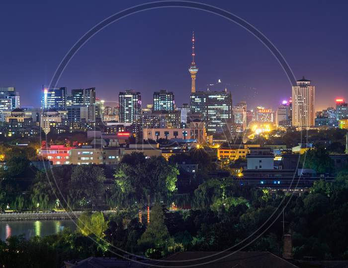 Night View Of West Beijing Skyline Dominated By The Central Television Tower, View From Jingshan Park Hill