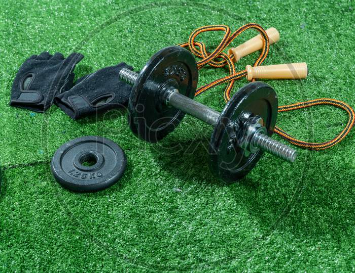 Dumbbells, Weight Discs, Gloves And Accessories For Sport, On The Grass, Fitness.
