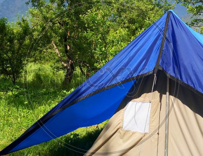Tent In Trekking Base Camp With Beautiful View Of Himalayas Mountain Range In Manali, Himachal Pradesh, India.