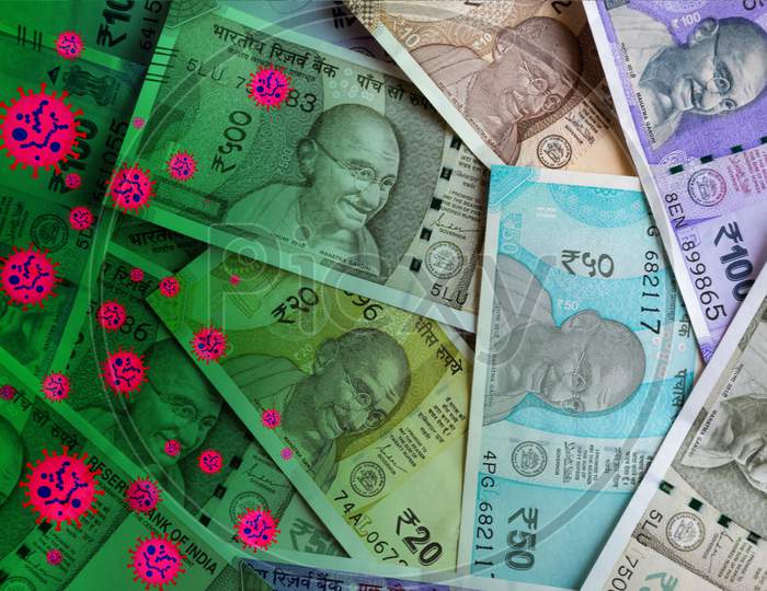 Indian Rupees currency notes crisis during covid-19 corona virus pandemic and lockdown