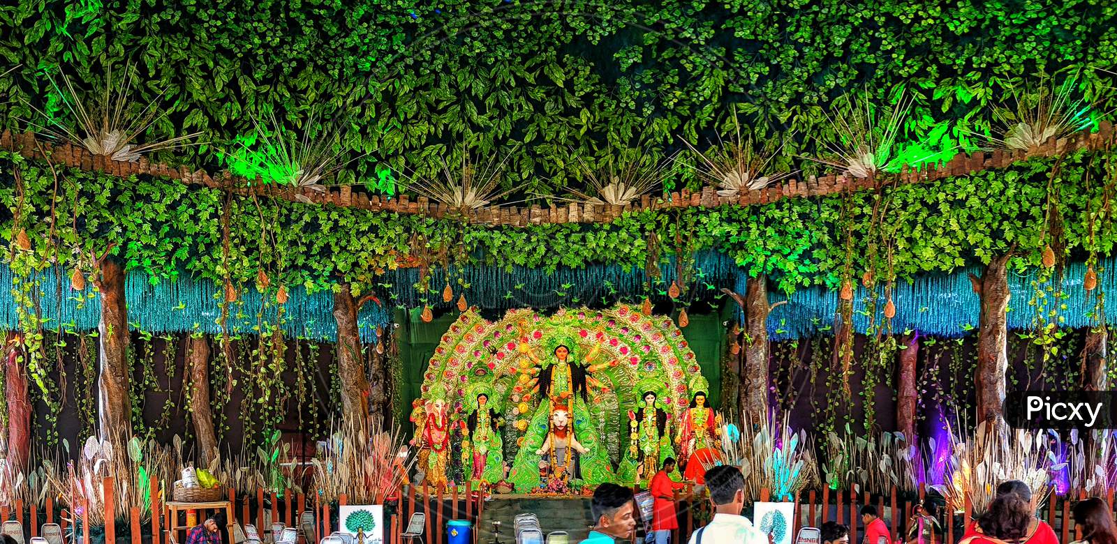 Beauty of durga, decoration of Kolkata durga puja. front face of durga, Festival lights at night, Art of kolkata durga puja