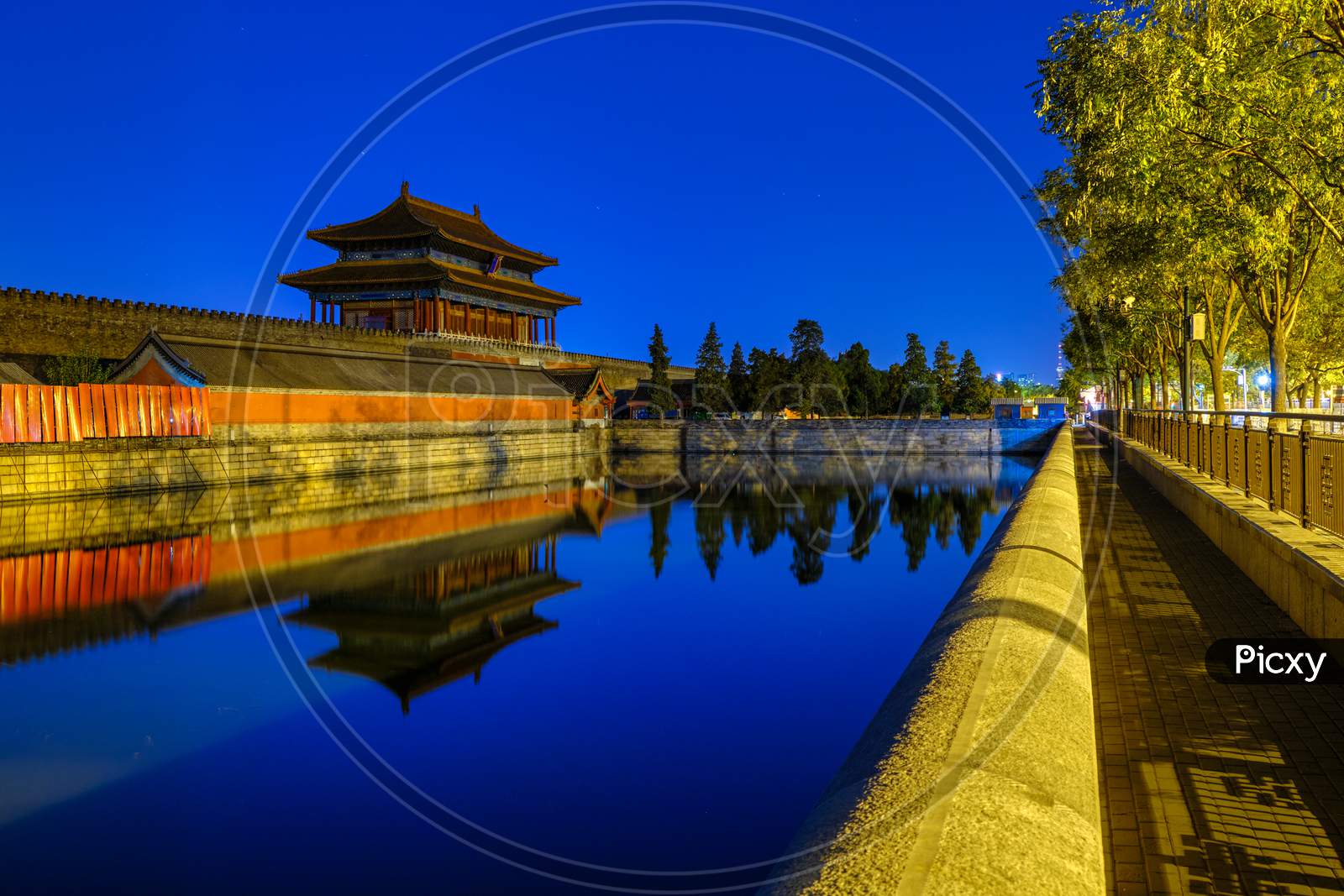 The Gate Of Divine Might, North Exit Gate Of The Forbidden City Palace Museum, Reflecting In The Water Moat In Beijing, China