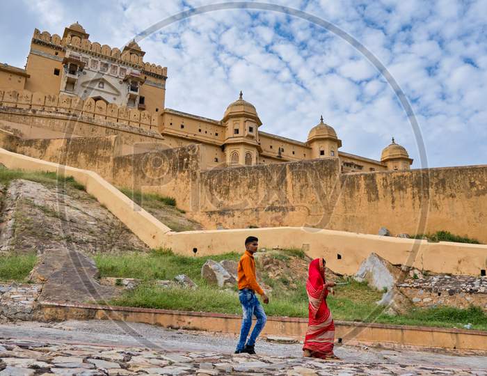 Tourists Visit The Amer Fort In Jaipur, Rajasthan, India