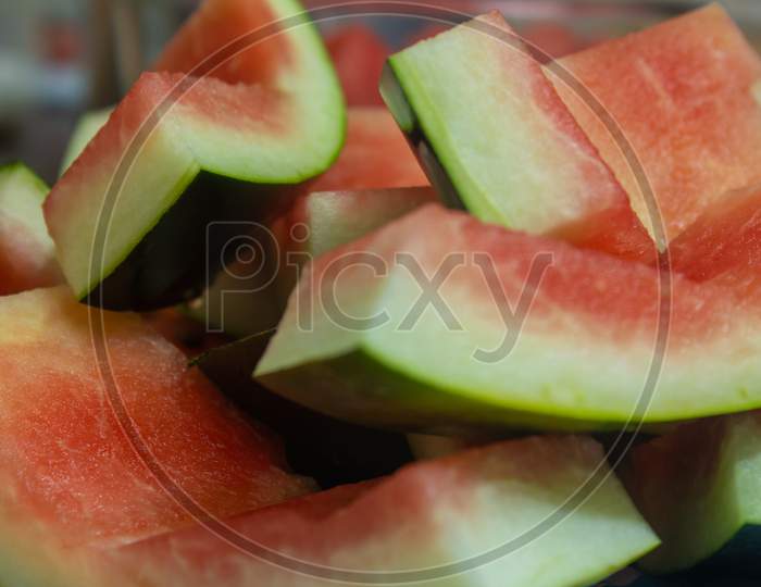 View Of The Cut Watermelon Fruit Thick Skin. Use For Healthy Snack Concept.