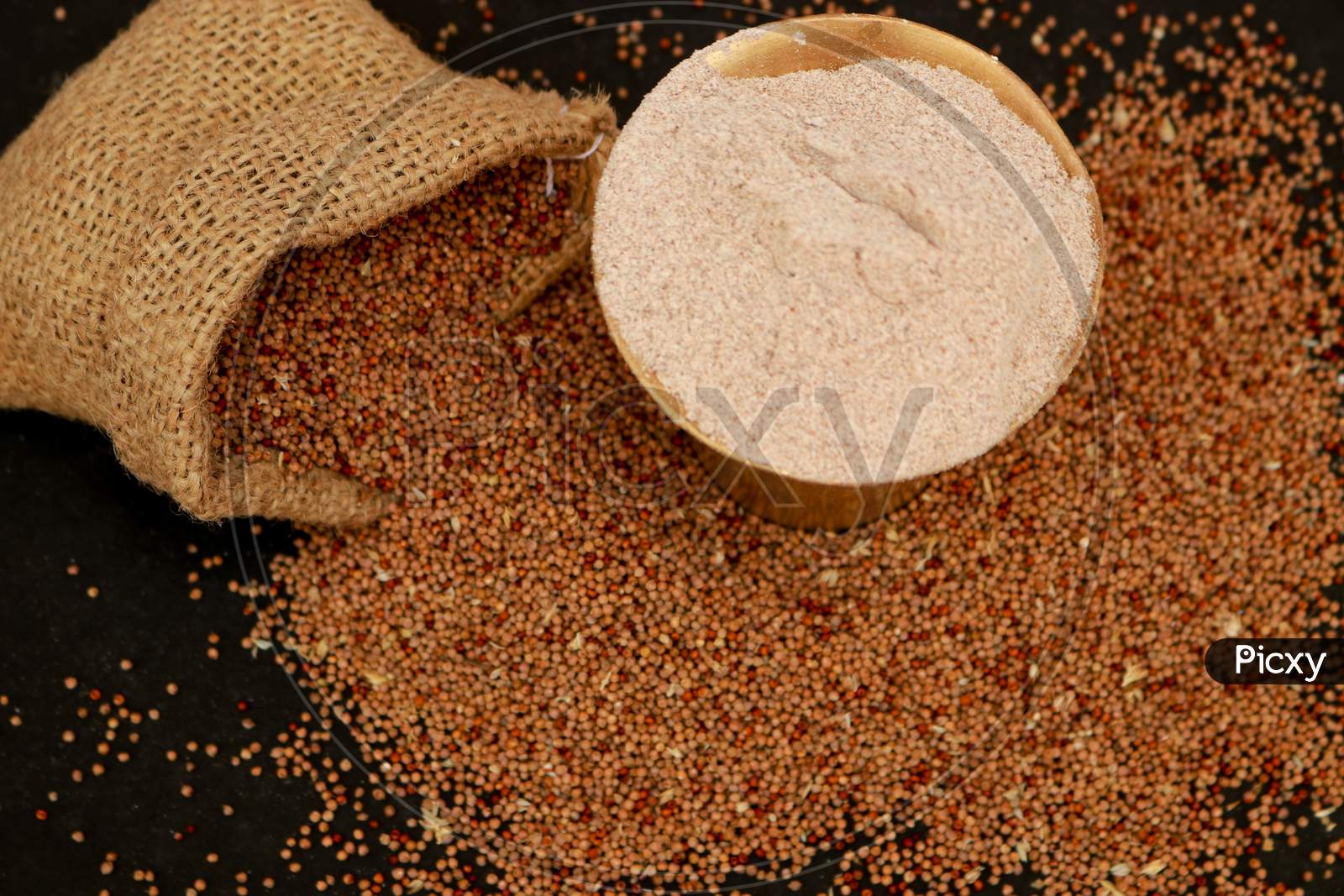 Indian Grains Ragi with Flour Cup and Burlap Bag Isolated On Black Background