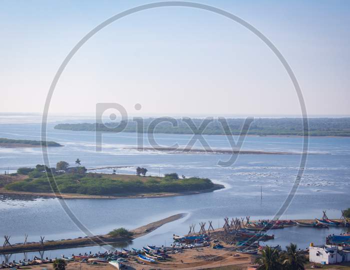 Breathtaking View Of Pulicat(Also Called As Pazhaverkadu) Lagoon, Tamil Nadu, India. Aerial View Of Pulicat Lake And Lagoon With Fishing Boats Stationed Around. Pulicat Lake Is In North Of Chennai.