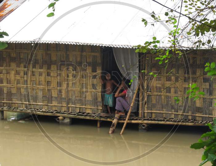 Majuli, Assam/India- July 24 2016: The largest inhabited river island of the world, Majuli in Assam severely effected by the flood caused by the overflow of the Brahmaputra.