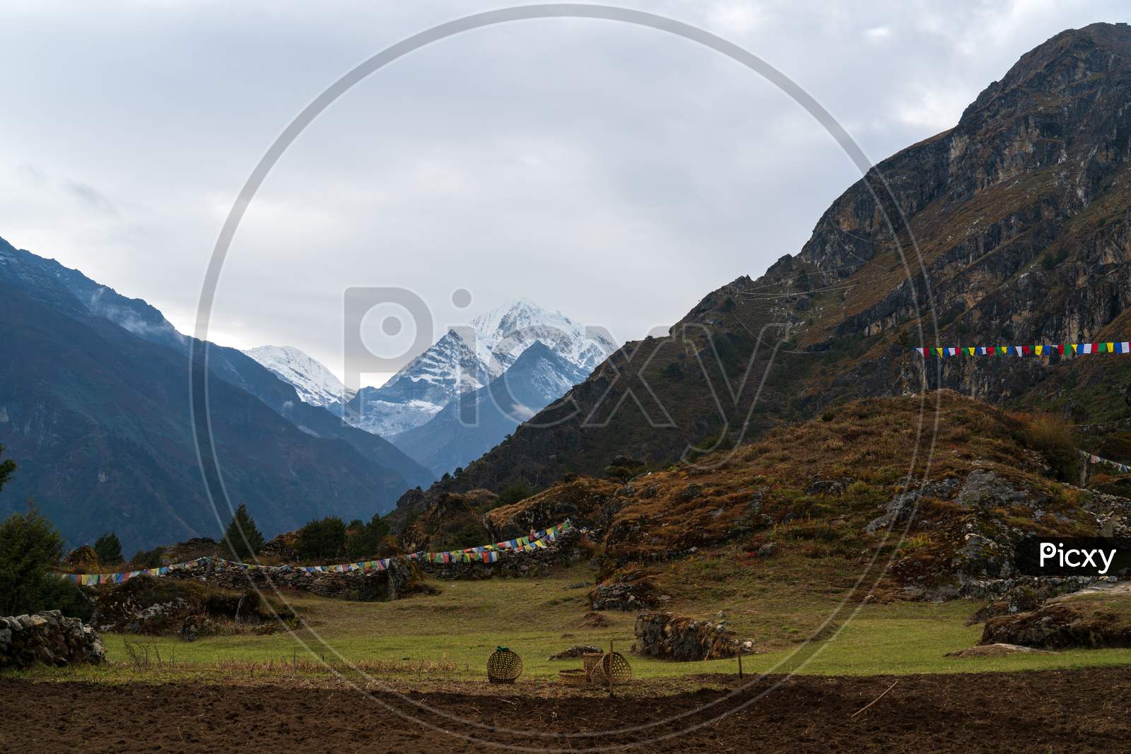Fields in the high himalayas and mountains in the distance