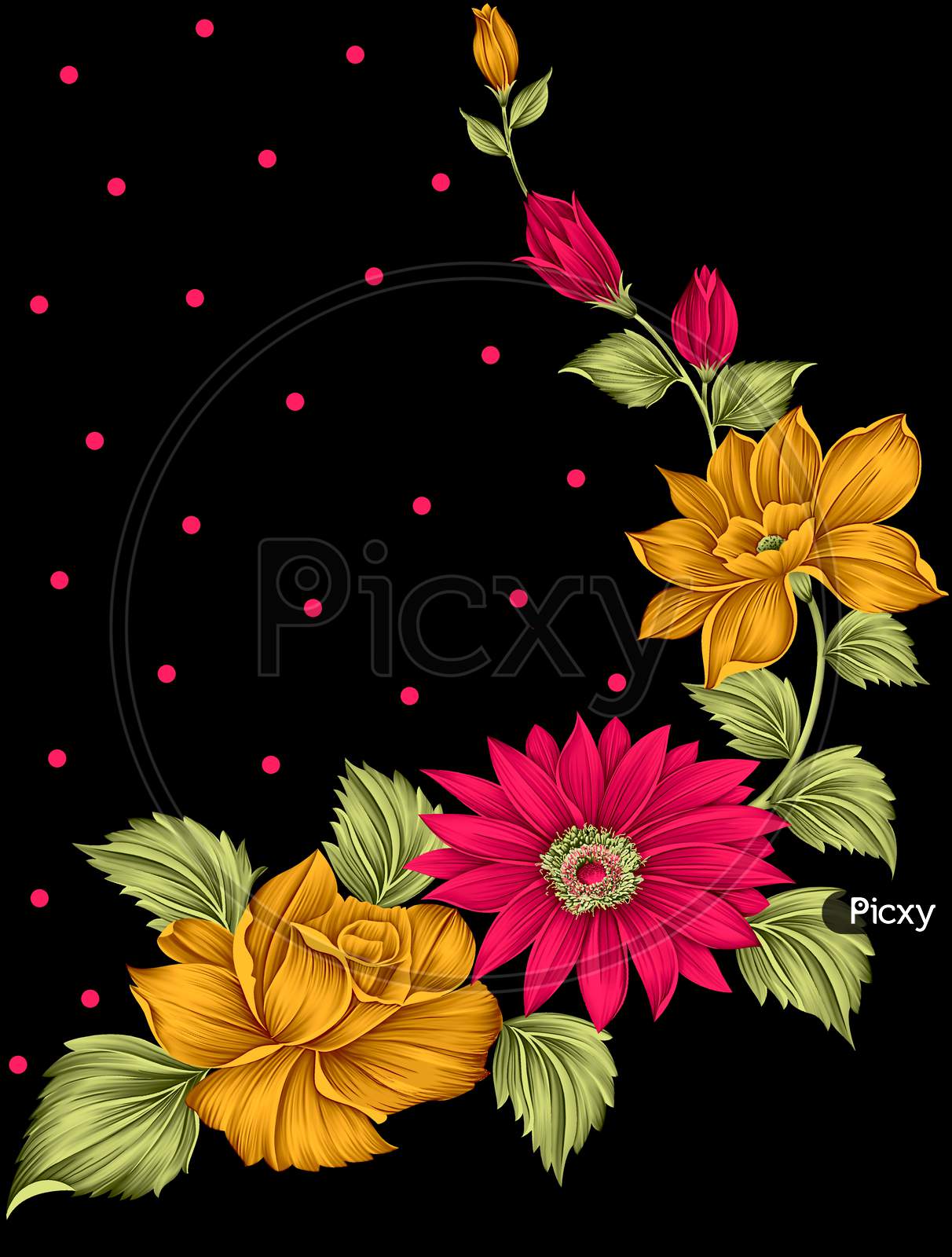 Digital Textile Design Flowers And Leaves With Black Background