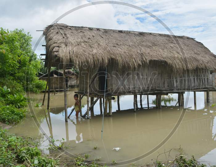 Majuli, Assam/India- July 26 2016: The largest inhabited river island of the world, Majuli in Assam severely affected by the flood caused by the overflow of the Brahmaputra.