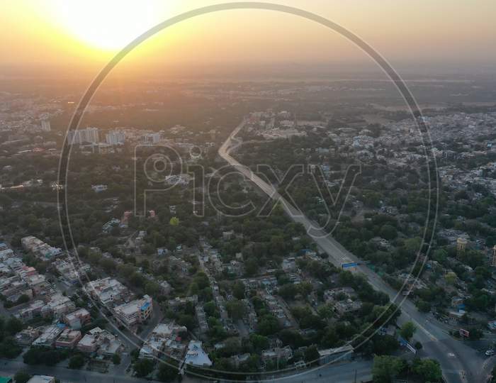 Entire City Lock Down Due To Corona Virus Outbreak, Empty Streets Roads,Emergency Situation. Lock Down Curfew, Aerial Drone View Of City. Covid-19 Outbreaks In India.
