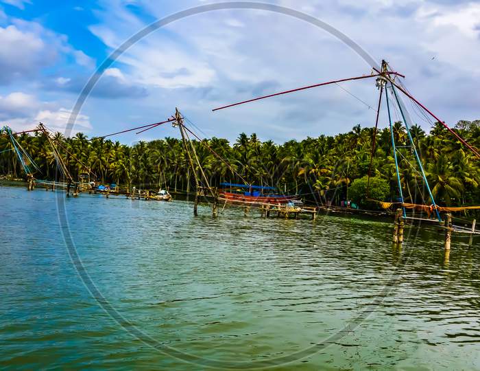 Chinese fishing nets hooked in the backwaters of Kerala