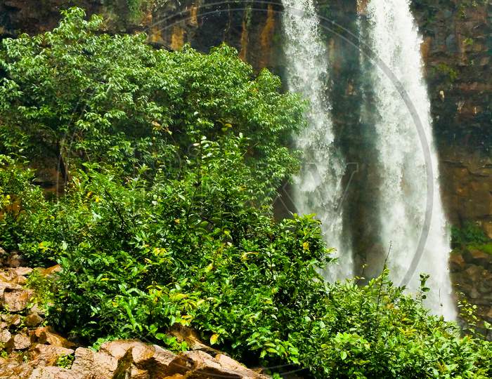 Scenic narmada river waterfalls in Amarkantak