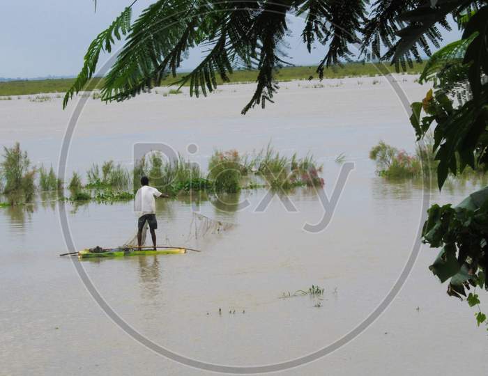 Majuli, Assam/India- July 24 2016: The largest inhabited river island of the world, Majuli in Assam severely affected by the flood caused by the overflow of the Brahmaputra.