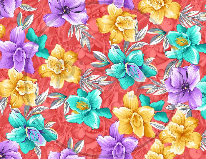 Seamless Colorful Floral Flower Pattern Red Background