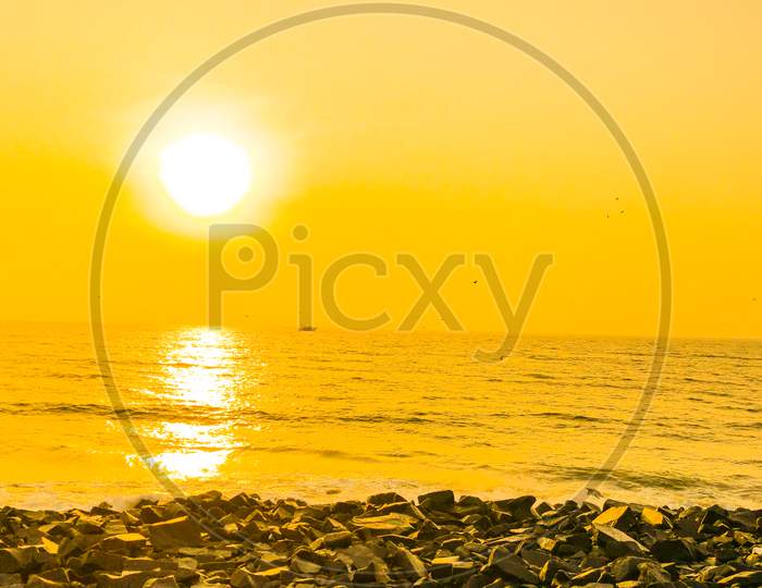 Sunrise at rock beach in Pondicherry