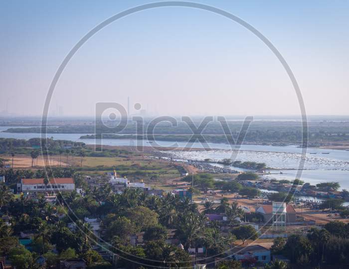 Breathtaking View Of Pulicat(Also Called As Pazhaverkadu) Lagoon, Tamil Nadu, India. Aerial View Of Pulicat Lake And Lagoon With Fishing Boats Stationed Around. Pulicat Lake Is In North Of Chennai.