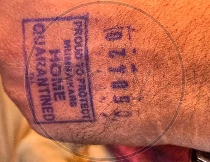 Mumbai/India-03/22/2020; “Proud To Protect Mumbaikars” Says The Stamp. A Stamp By The Indian Government On The Hand Of Returned Foreign Passengers At Mumbai Airport During Corona Virus Spread.