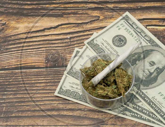 Marijuana Cannabis Medicinal, Weed Joint. Drugs. American Dollars. The Concept Of Cannabis Marijuana Business. Concept Of Medical Marijuana Stock Market.