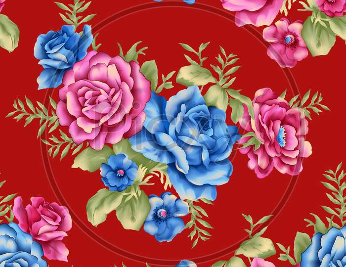 Seamless Colorful Watercolor Flower Pattern Red Background