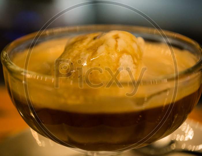 Cafe Affogato on a glass bowl, a summer dish for coffee and ice cream lovers