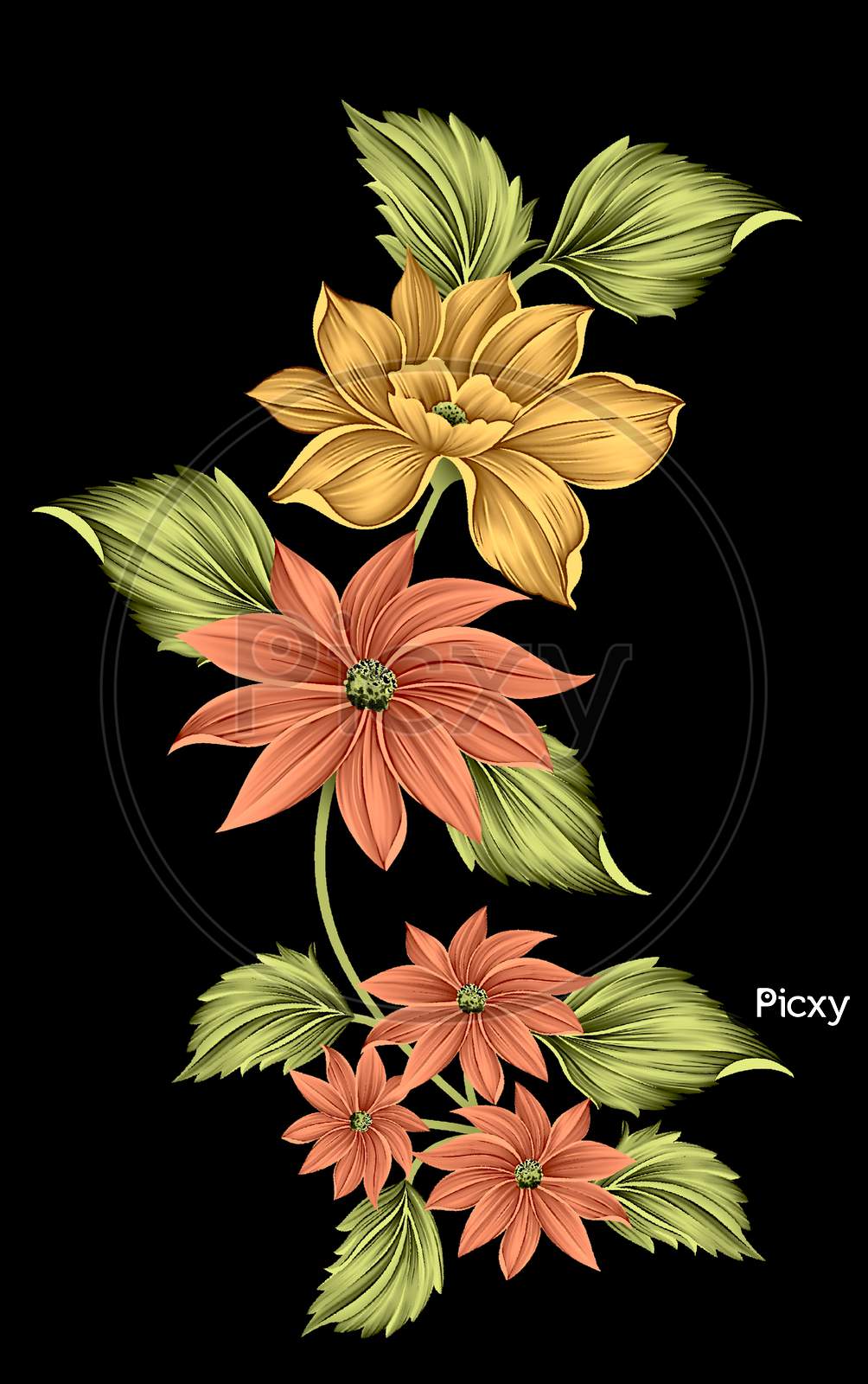 Digital Textile Design Flowers And Leaves With Black Color