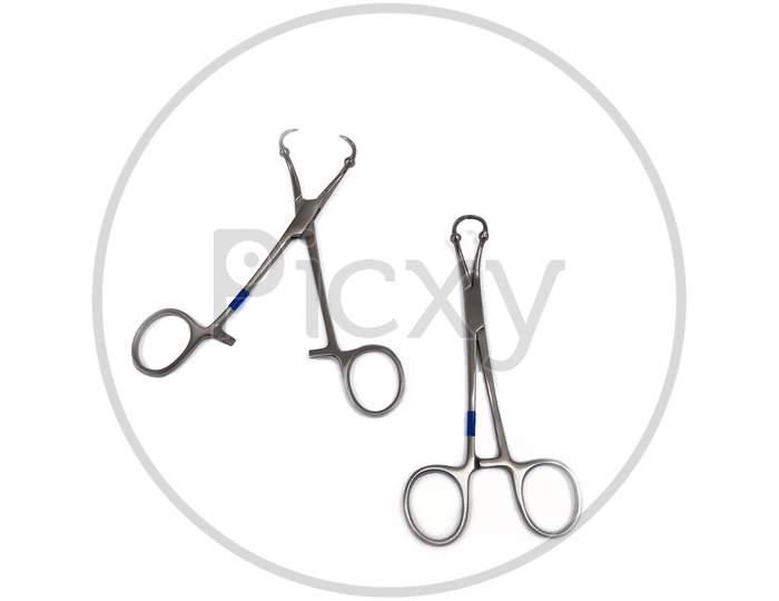Towel Clip Or Towel Clamp. Isolated Image Of Surgical Instrument.