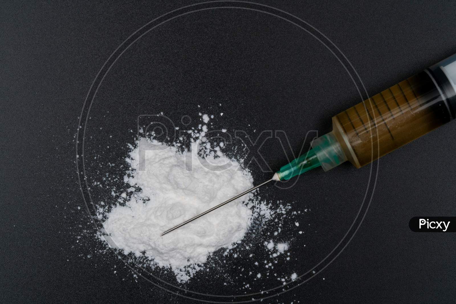 Cocaine Or Other Illegal Drugs, White Powder, Syringe, Isolated On Black Glossy Background