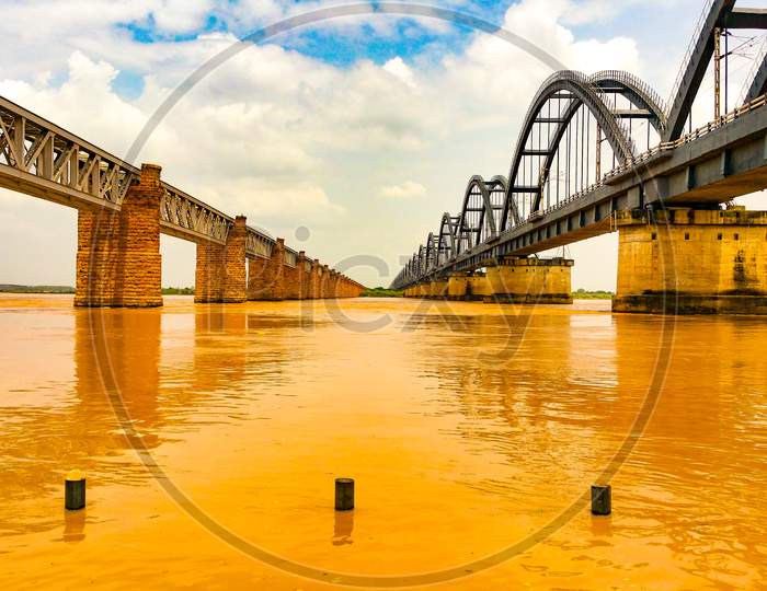 Beautiful railway bridges across the Godavari river