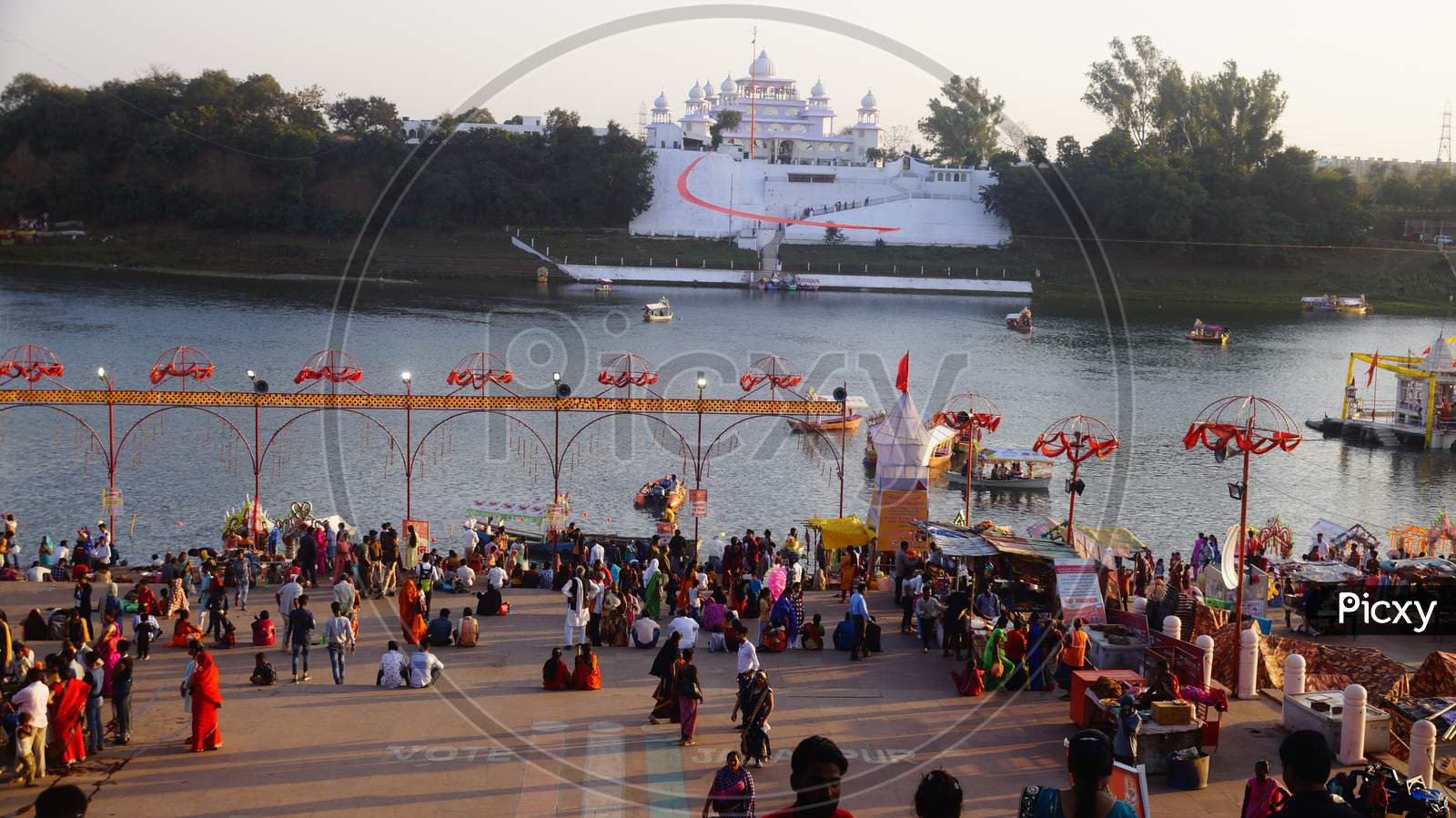 Hindu devotees on the bank of Narmada River
