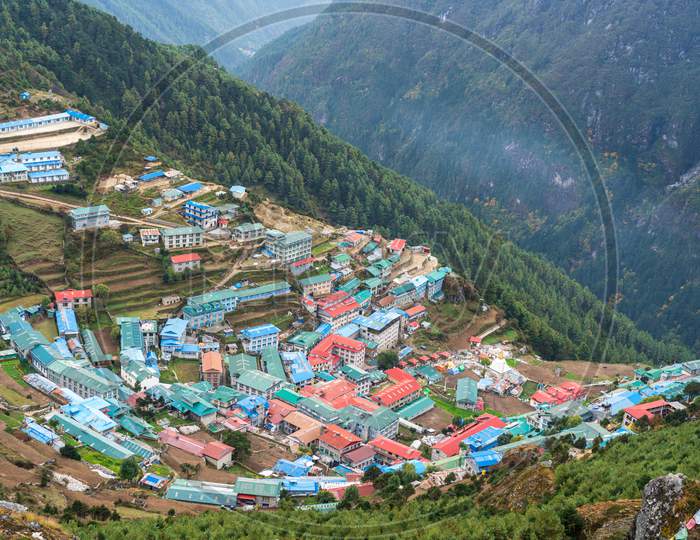 View of Namche Bazaar, lodges, homes and teahouses