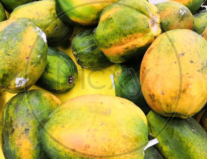 Closeup Image Of Fresh Papaya Fruits In Market