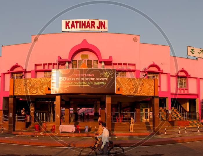 Katihar/India-05/06/2020; Front Face Of Katihar Junction Railway Station Towards Platform Number One. Empty Railway Station During Corona Pandemic (Covid 19) Lockdown.(Selective Focus On Foreground)