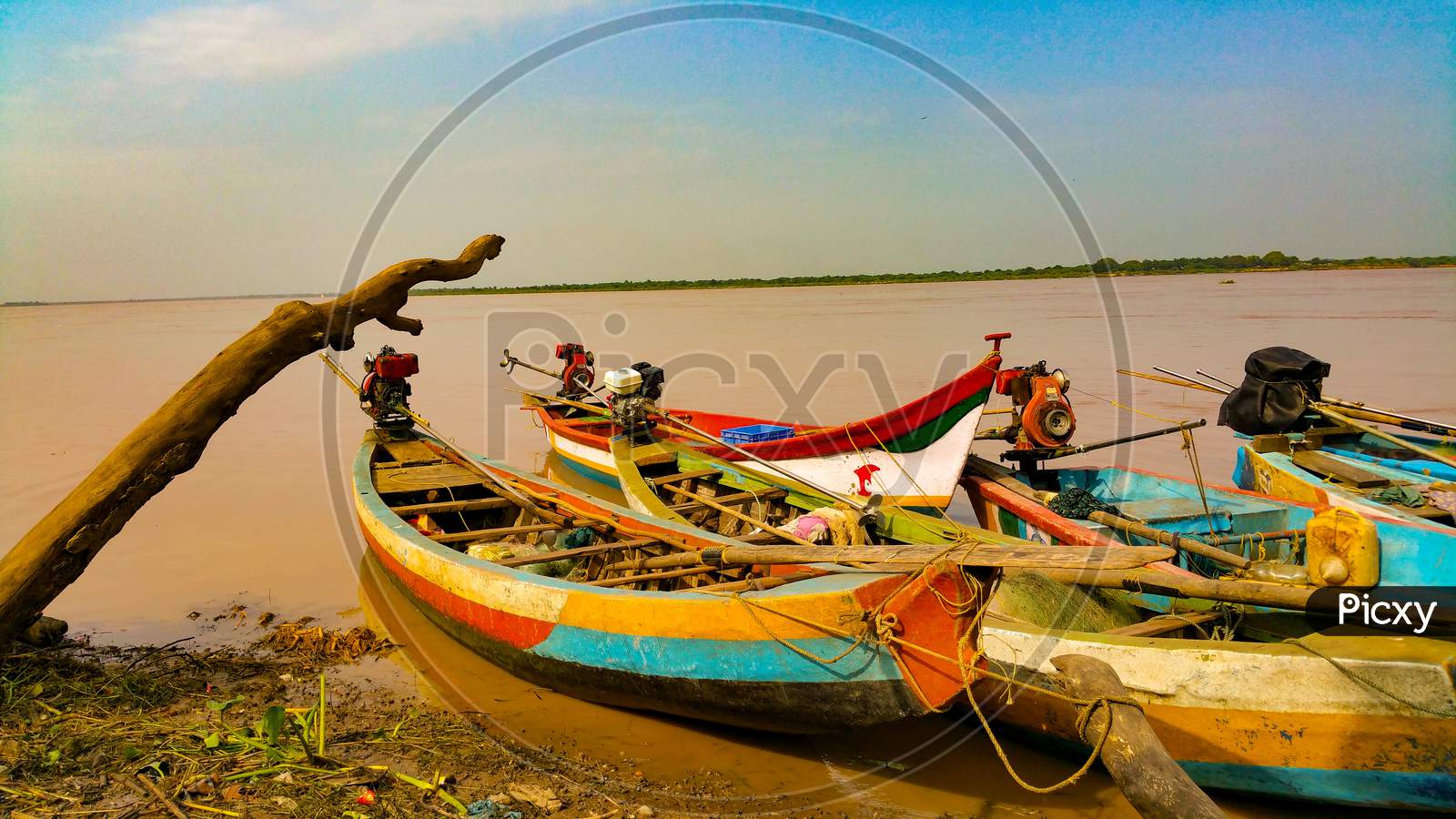 Fishing boats anchored on the banks of Godavari river.