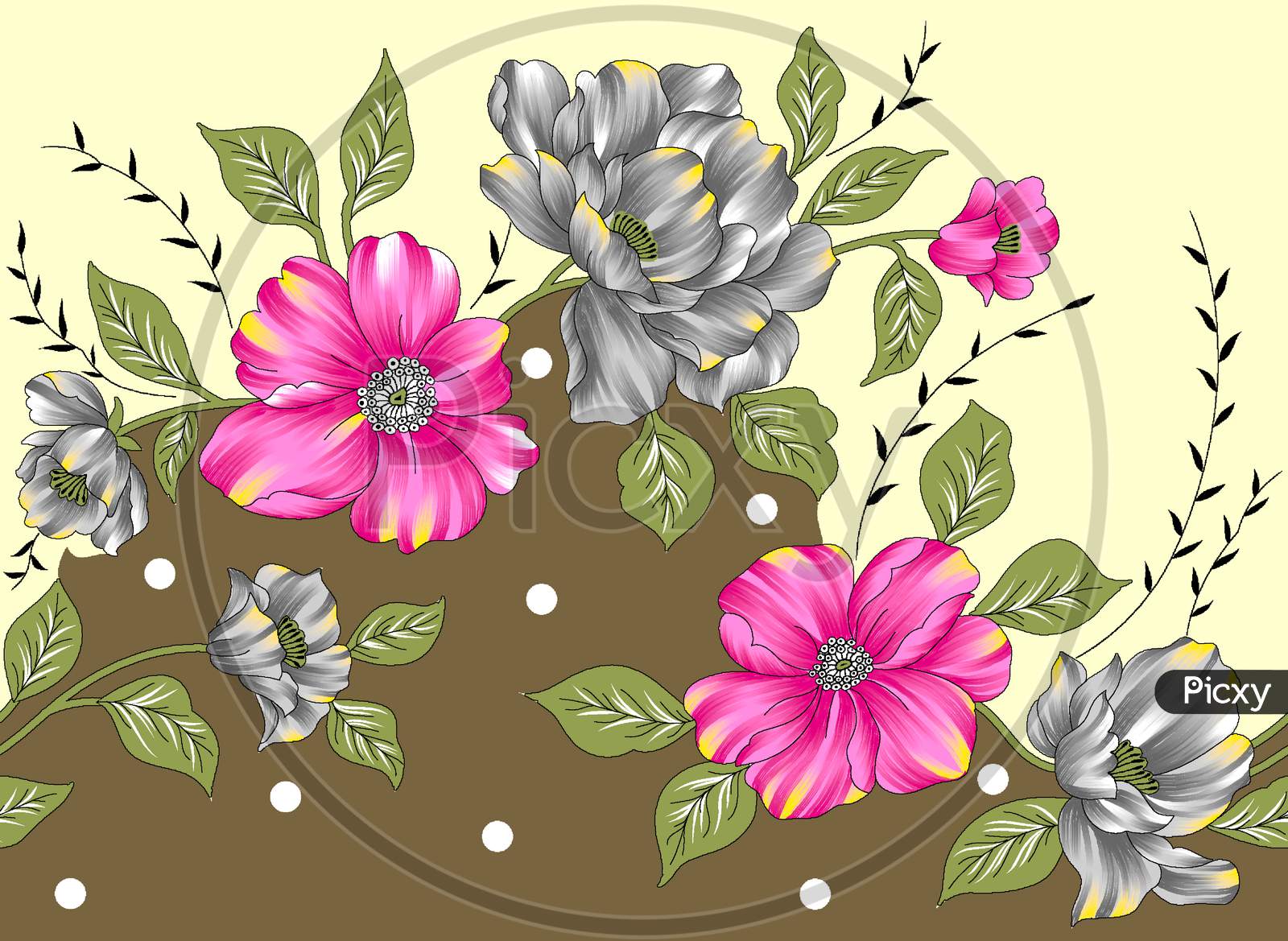 The Leaves And Flowers For Wedding Greeting Card, Textile And Digital Printing Illustration
