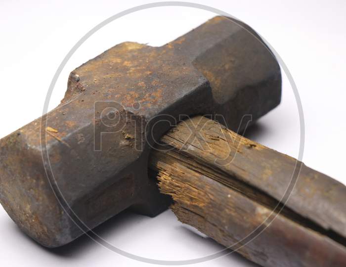 Vintage Hammer Which Has A Crack On Its Wooden Handle Body