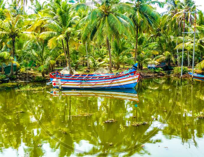 Boat anchored in the backwaters of kerala