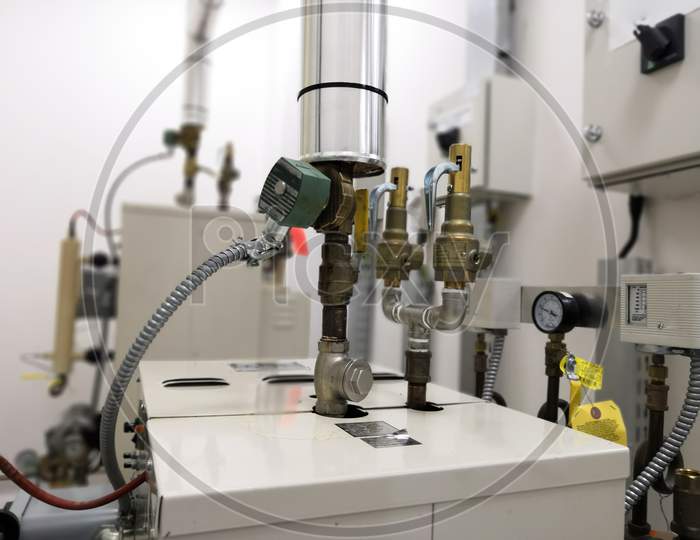 Closeup Image Of Steam Generator Safety Valve. Steam Generator Using For Sterilization Machine.