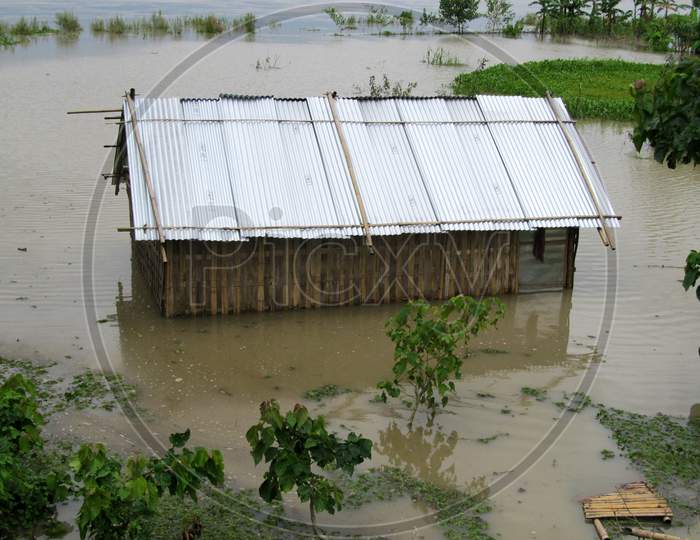 Majuli, Assam/India- July 24 2016: The largest inhabited river island of the world, Majuli in Assam severely affected by the flood caused by the overflow of the Brahmaputra.