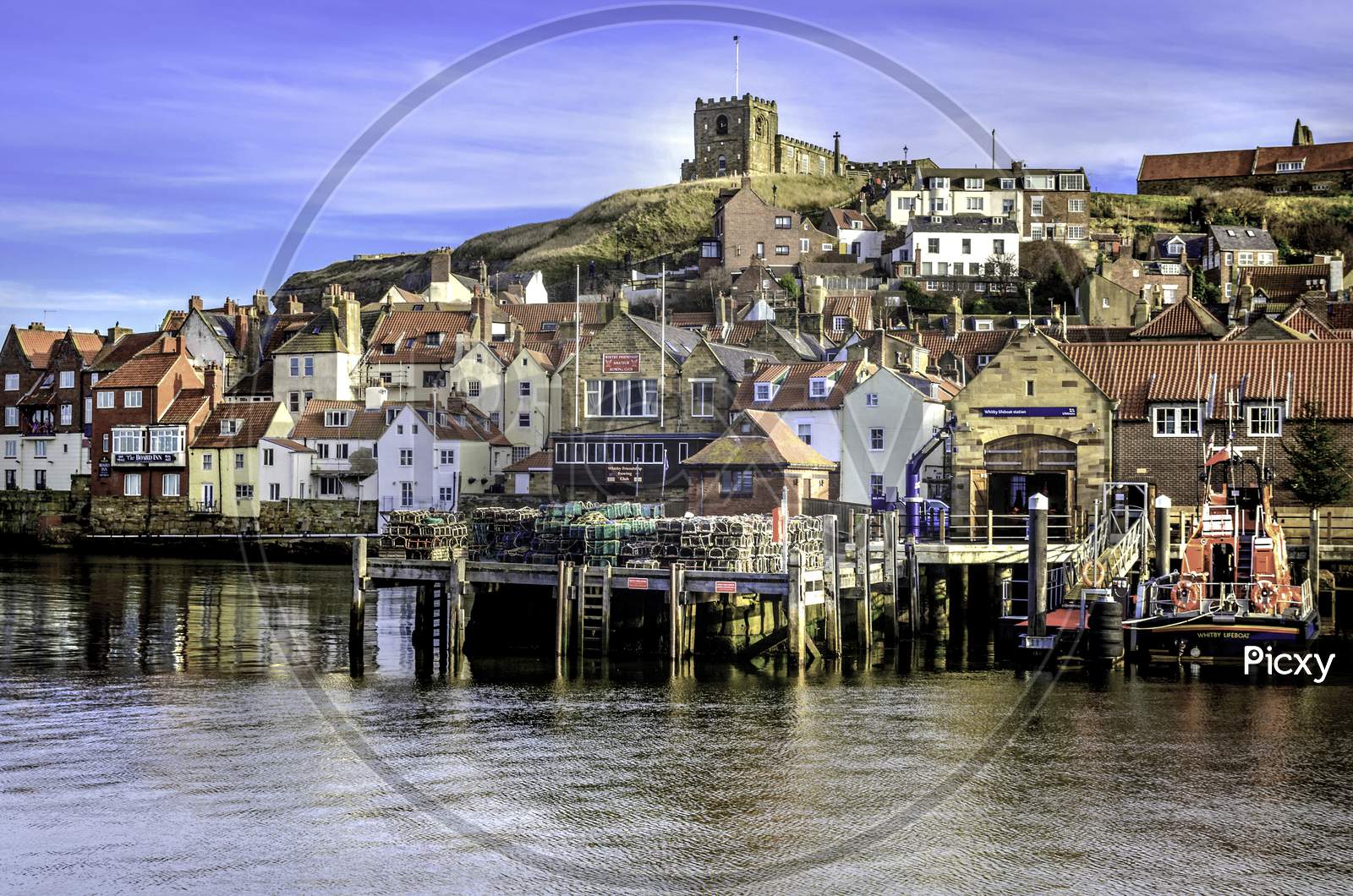 Whitby harbour showing Life boat station