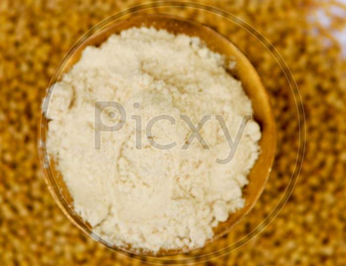 Cereal Grains , Seeds, Beans Spike Indian And Wheat Grain In Burlap Bag Isolated On White Background