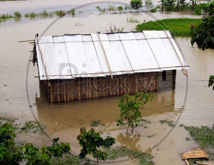 Majuli, Assam/India- July 24 2016: The largest inhabited river island of the world, Majuli in Assam severely affected by the flood caused by the overflow of the Brahmaputra.