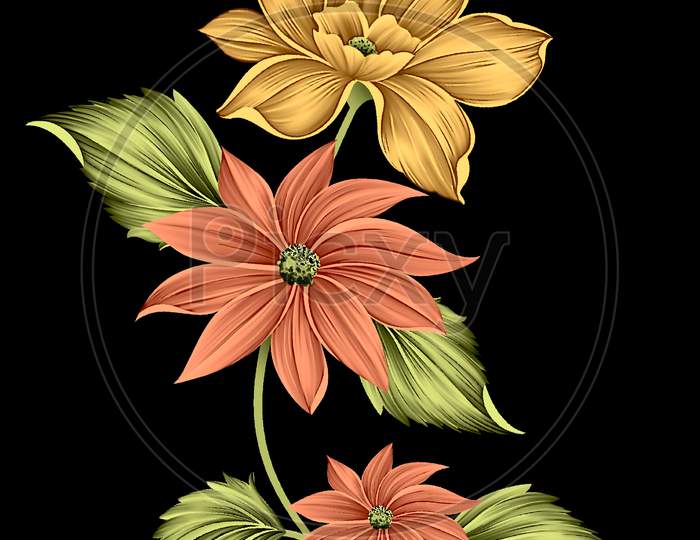 Digital Textile Design Flowers And Leaves With Black Color