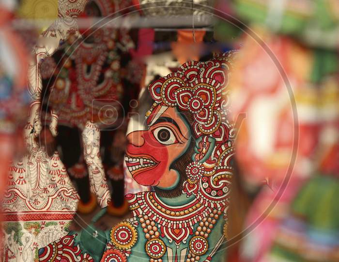 Traditional shadow puppet of Hindu god Hanuman used in Tholu bommalata. It is the shadow puppet theatre tradition of the state of Andhra Pradesh in India. This puppet is made of leather. 2019 INDIA