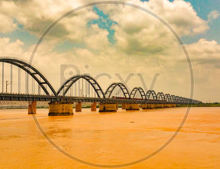 Arch railway bridge across the godavari river