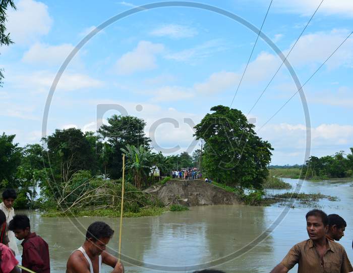 The Erosion Of Roads Caused By Floods At Majuli In Assam.