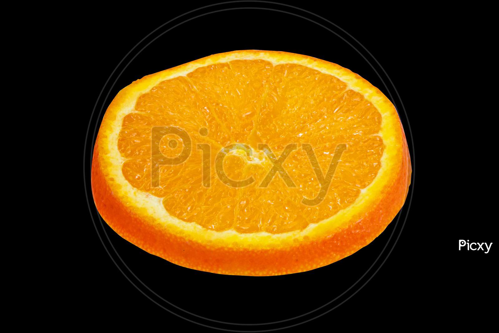 Perfectly retouched sliced orange isolated on black background,side view.nutritious food