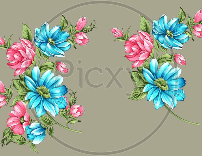 The Leaves And Flowers For Wedding Greeting Card, Textile And Digital Printing Illustration