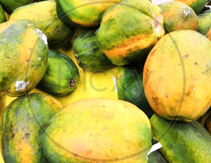 Closeup Image Of Fresh Papaya Fruits In Market