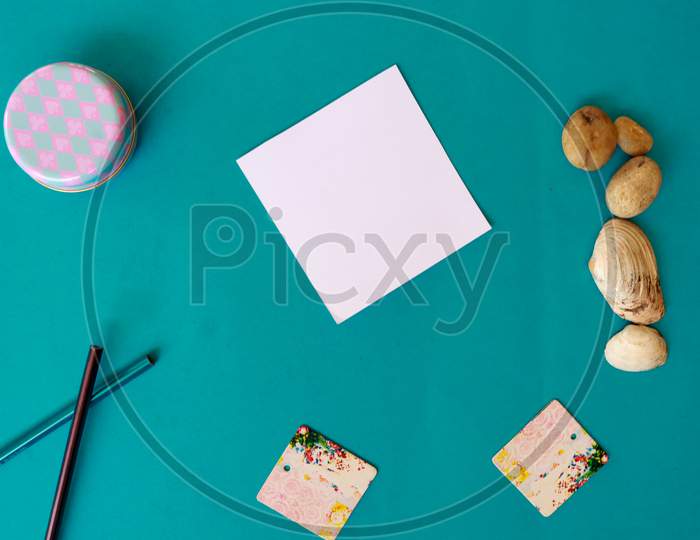 "Pastel Office Desk Table With Laptop Computer And Supplies. Top View With Copy Space, Flat Lay."Beauty Office Desk With Laptop, Notebook And Pen On Blue Background